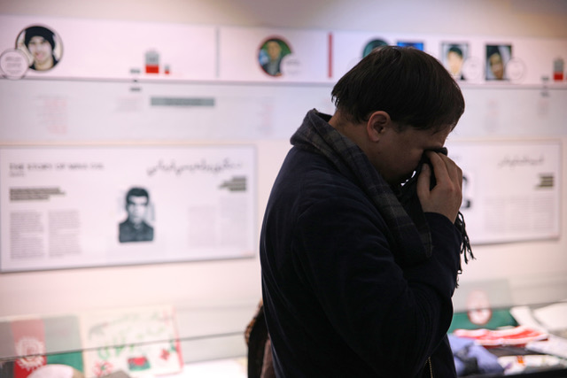 Visitor at the opening of Kabul’s newest museum, the Afghanistan Centre for Memories and Dialogue, which commemorates war crimes and their victims (Photo Hadi Morawej 2019)