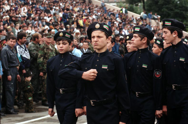 Chechen cadets (but not in Afghanistan): Chechen separatist government National Guard cadets on parade in Grozny, 1999. Photo: Natalia Medvedeva