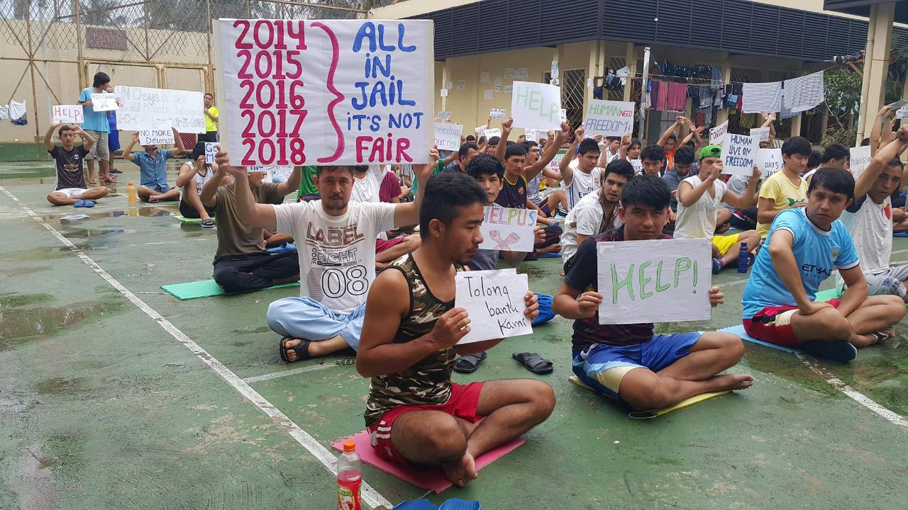 A group of Afghan refugees protesting in the yard of the Balikpapan Immigration Detention Centre in Indonesia. Credit: Ehsanullah Sahil