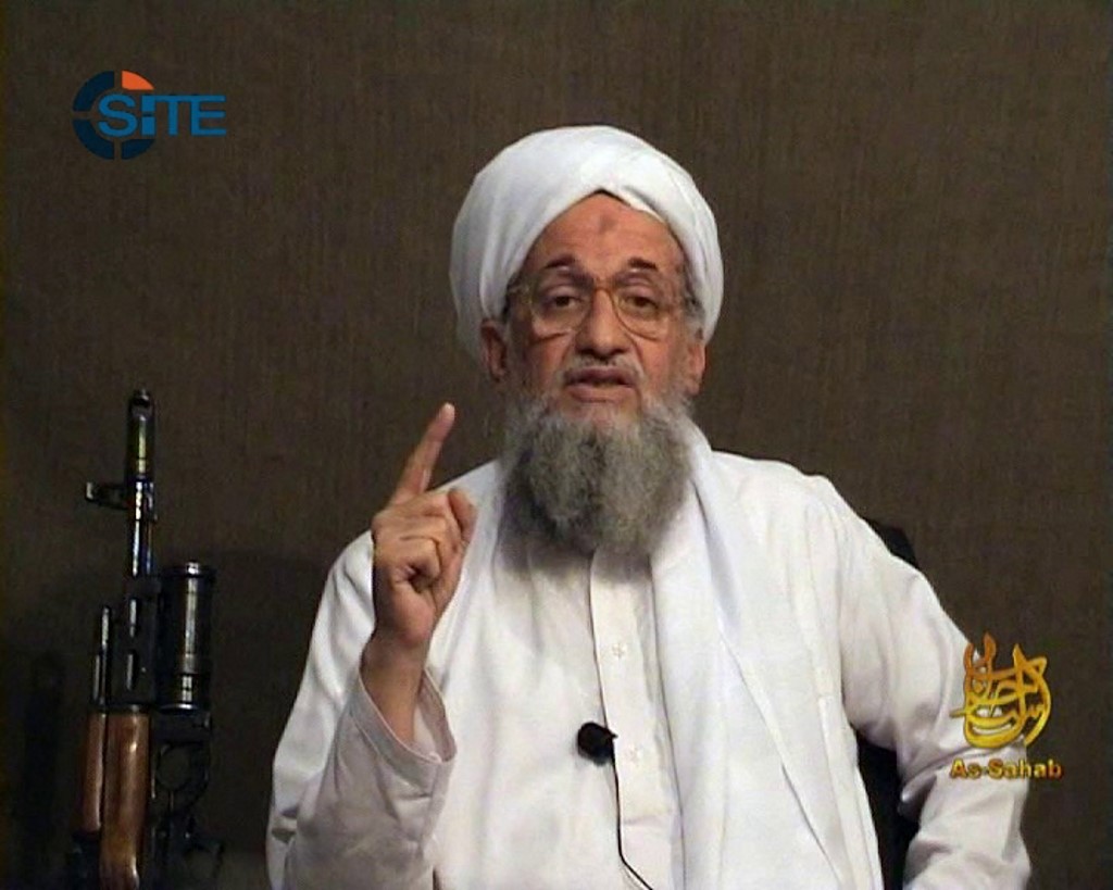 A still file image from a video released by al-Qaeda’s media arm as-Sahab and obtained on 8 June 2011 courtesy of the Site Intelligence Group shows the now late Aiman al-Zawahri in characteristic finger-wagging mode as he gives a eulogy for slain al-Qaeda leader Osama bin Laden in a video released on jihadist forums. Photo: Site Intelligence Group/AFP.