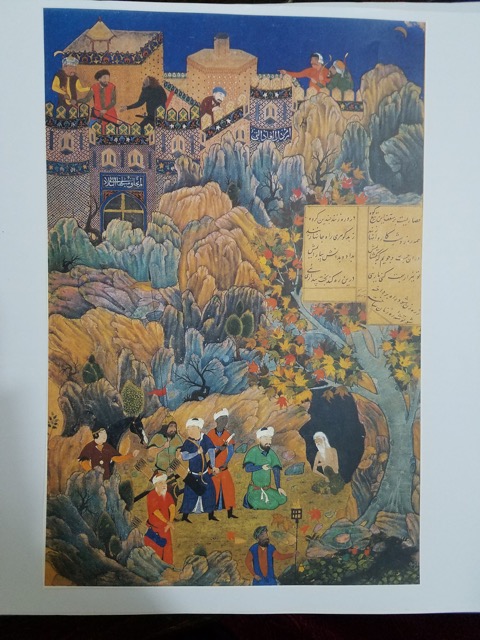 The eastern Timurid sultan, Husain Mirza of Herat, consults a holy man outside the city, with the Citadel in the background, illustration by Behzad of Nizami’s Alexander Romance, Herat 1494; original in the British Library. This and the following miniature are from a precious volume that belonged in the 16th century to the fabulous collections of the eastern Timurid rulers Babur and his son Humayun in Kabul. It was taken by Humayun to India in 1555 and from there to Britain three centuries later. (Photo: Michael Barry 2017)